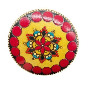Romania Folk Art Wood Box Round Hand carved Painted  Colorful Vintage Trinket